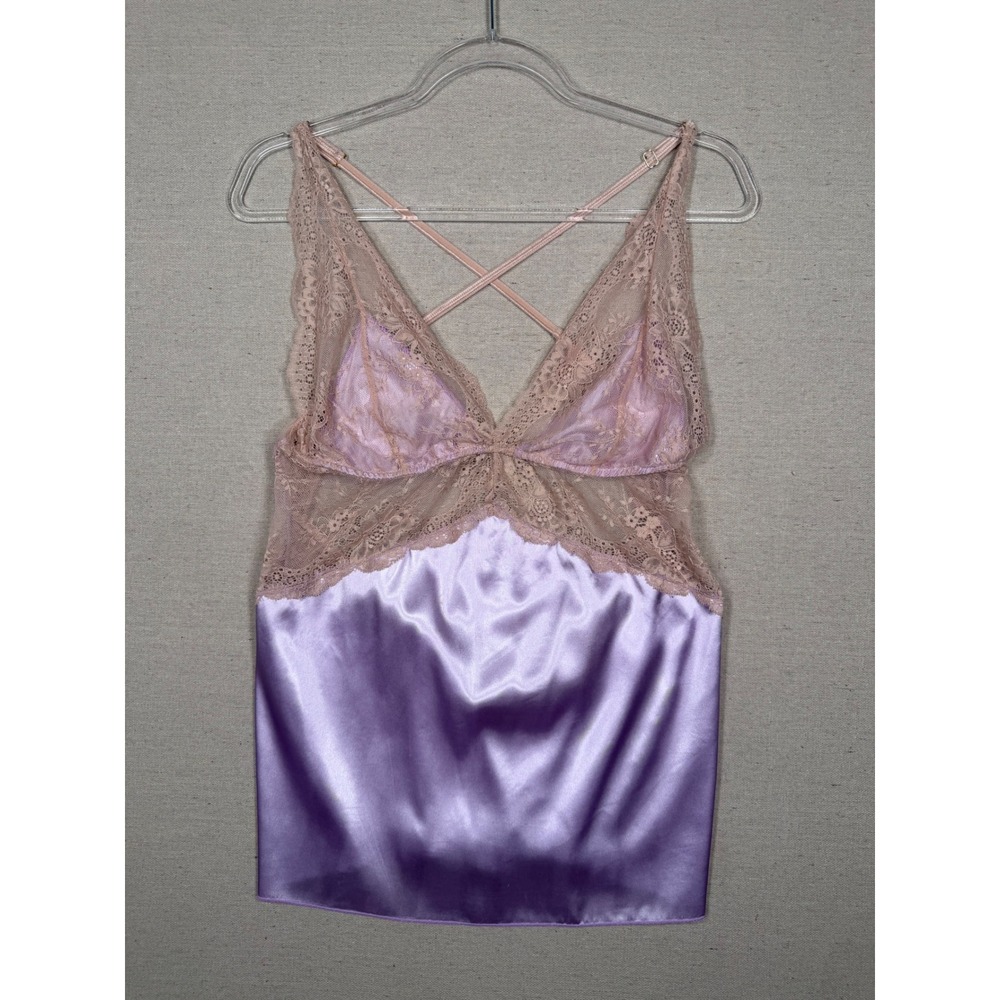 Fredericks of Hollywood Lace Satin Camisole Top Lavender Pink XL Open Back
